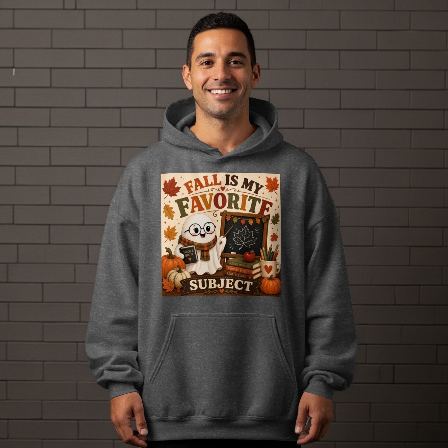 Ghost holding book with "Fall is my favorite subject" text.