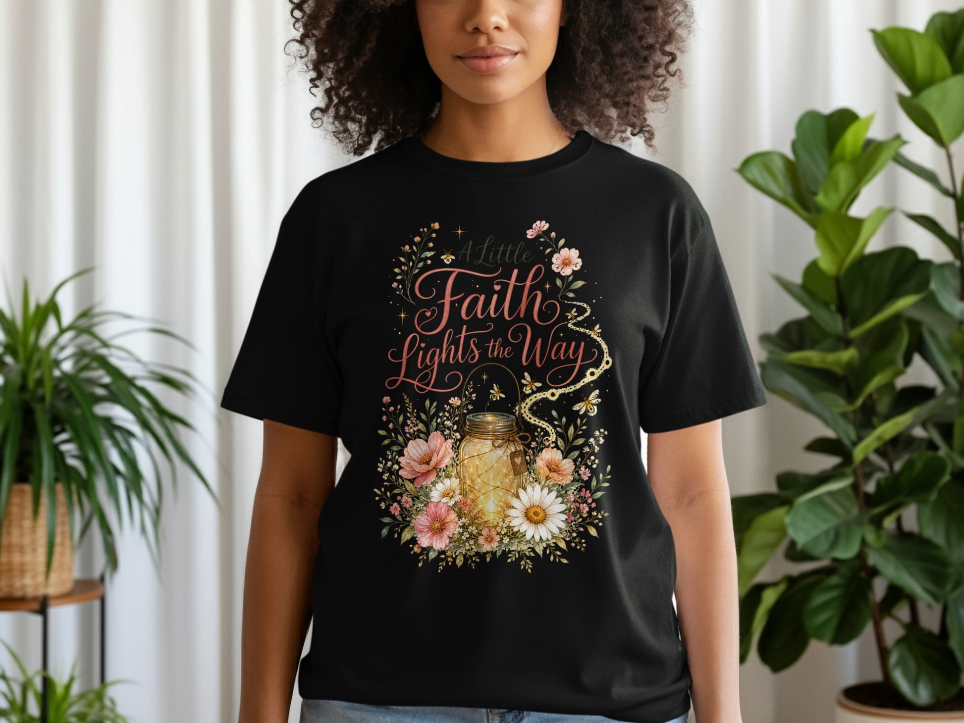Black t-shirt with floral design featuring a mason jar, inspirational text, and bees.