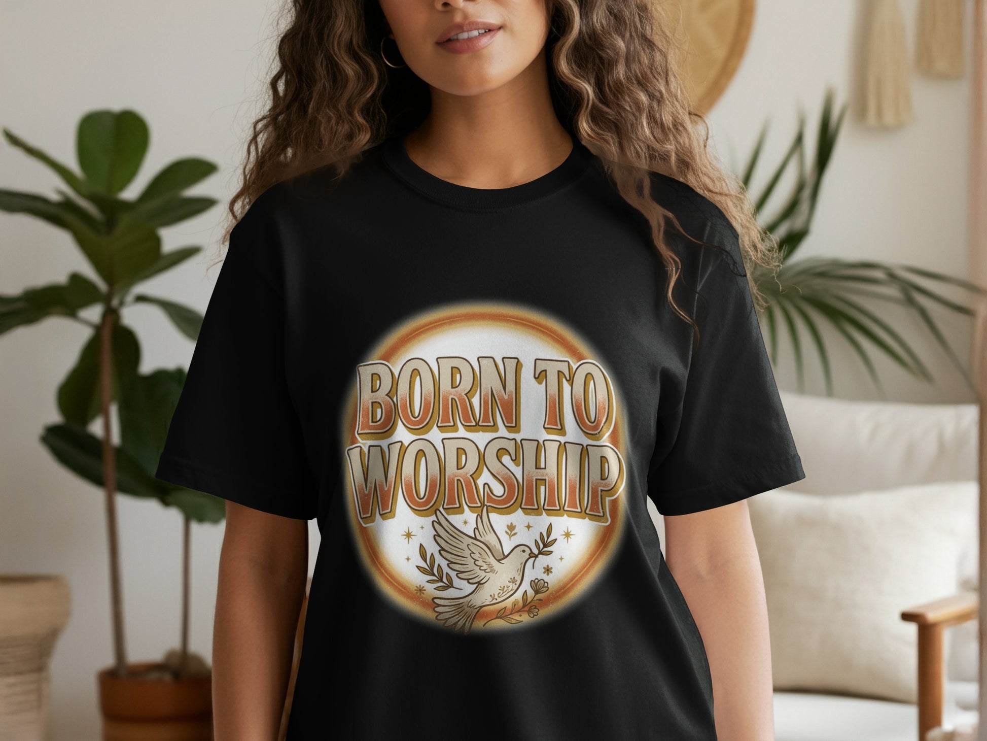 Black t-shirt with "Born to Worship" text and dove graphic.