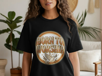 Black t-shirt with "Born to Worship" text and dove graphic.