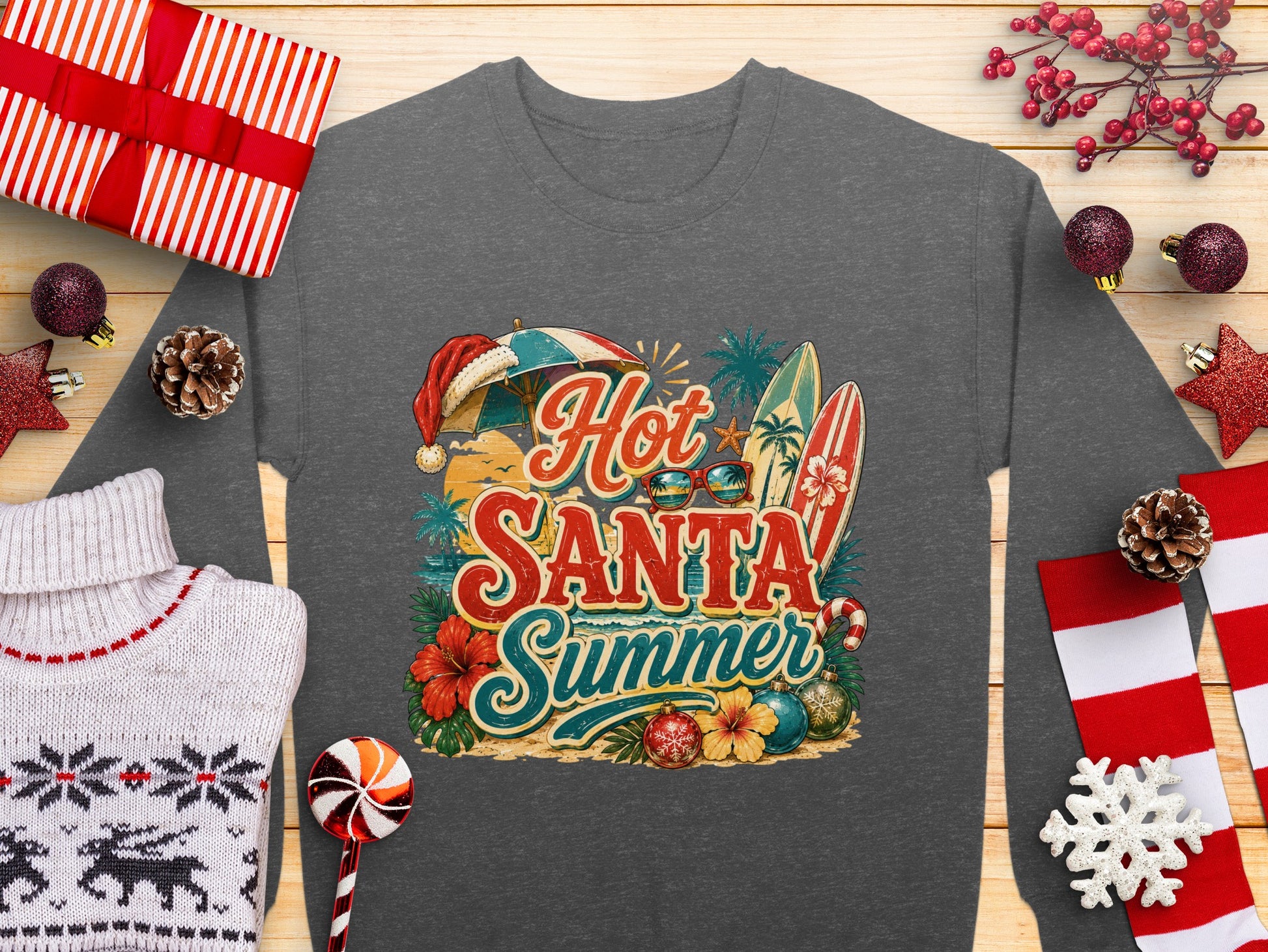 Dark grey sweatshirt with "Hot Santa Summer" graphic and festive holiday decorations.
