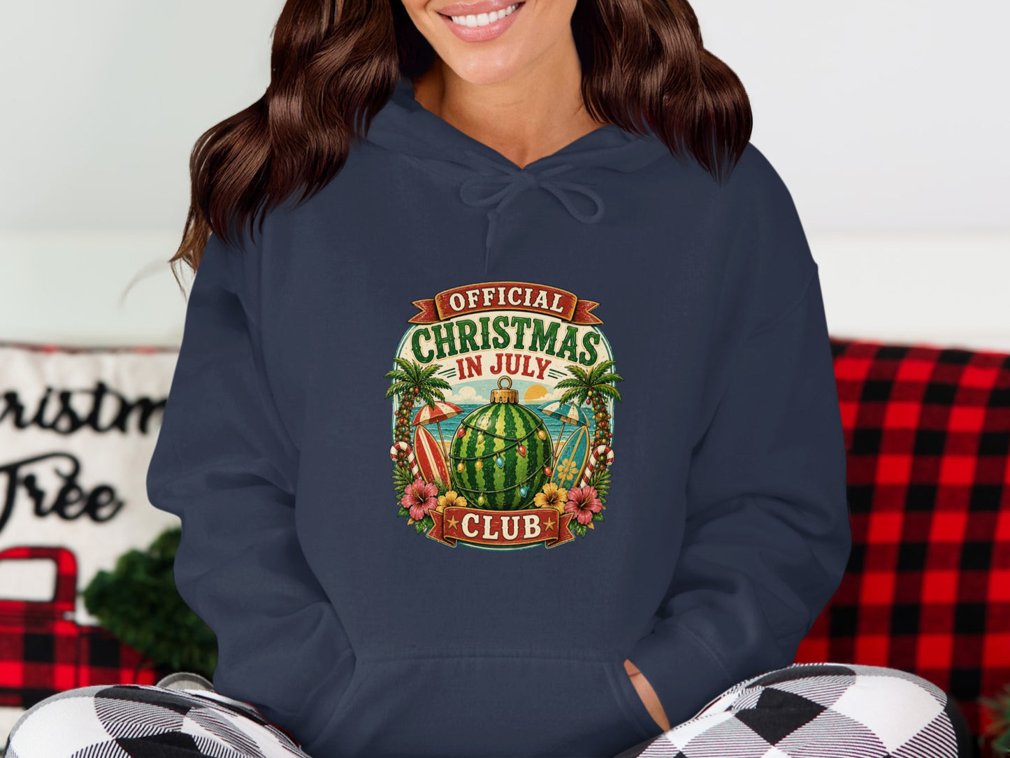 Navy hoodie with "Official Christmas in July Club" tropical design.