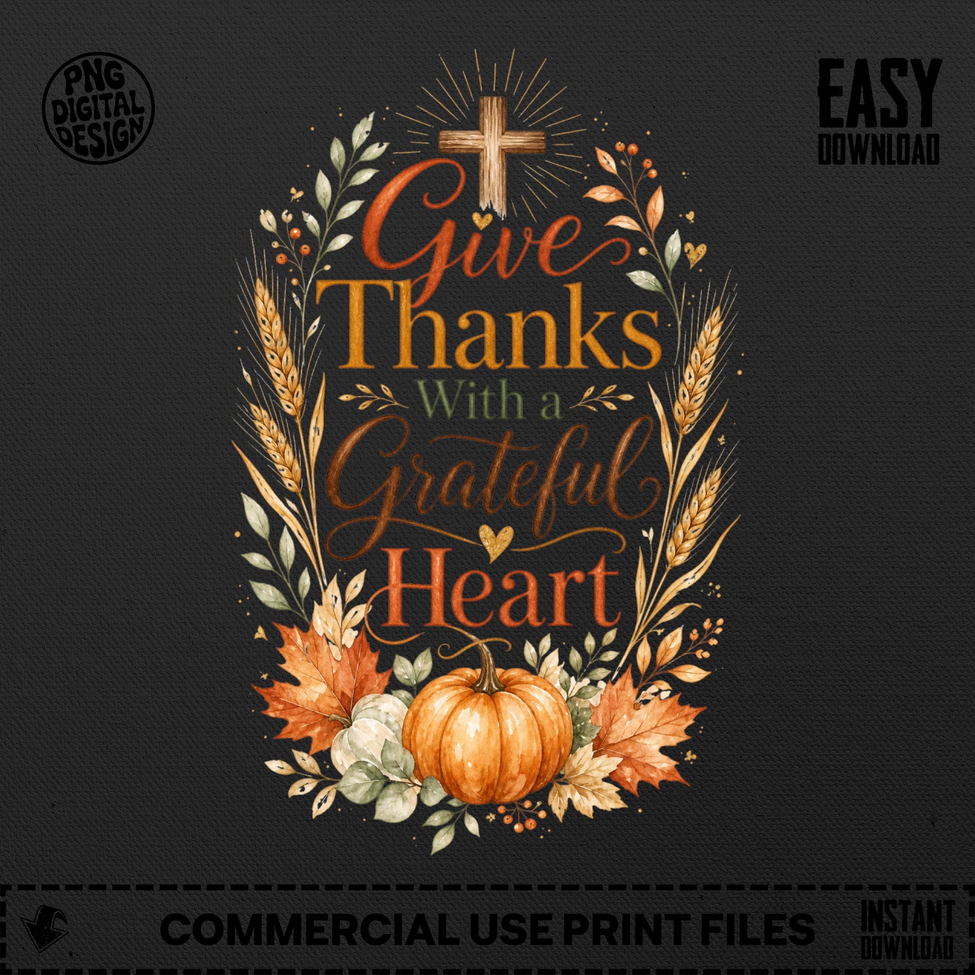 Thanksgiving illustration with pumpkin, fall leaves, and text "Give Thanks With a Grateful Heart".