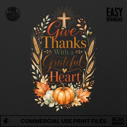 Thanksgiving illustration with pumpkin, fall leaves, and text "Give Thanks With a Grateful Heart".
