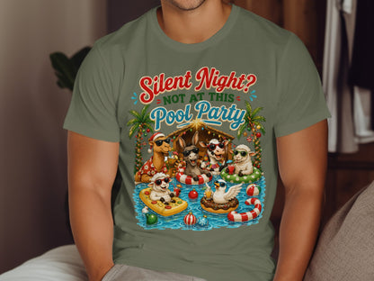 Christmas nativity scene animals in pool with text "Silent Night? Not at this Pool Party".