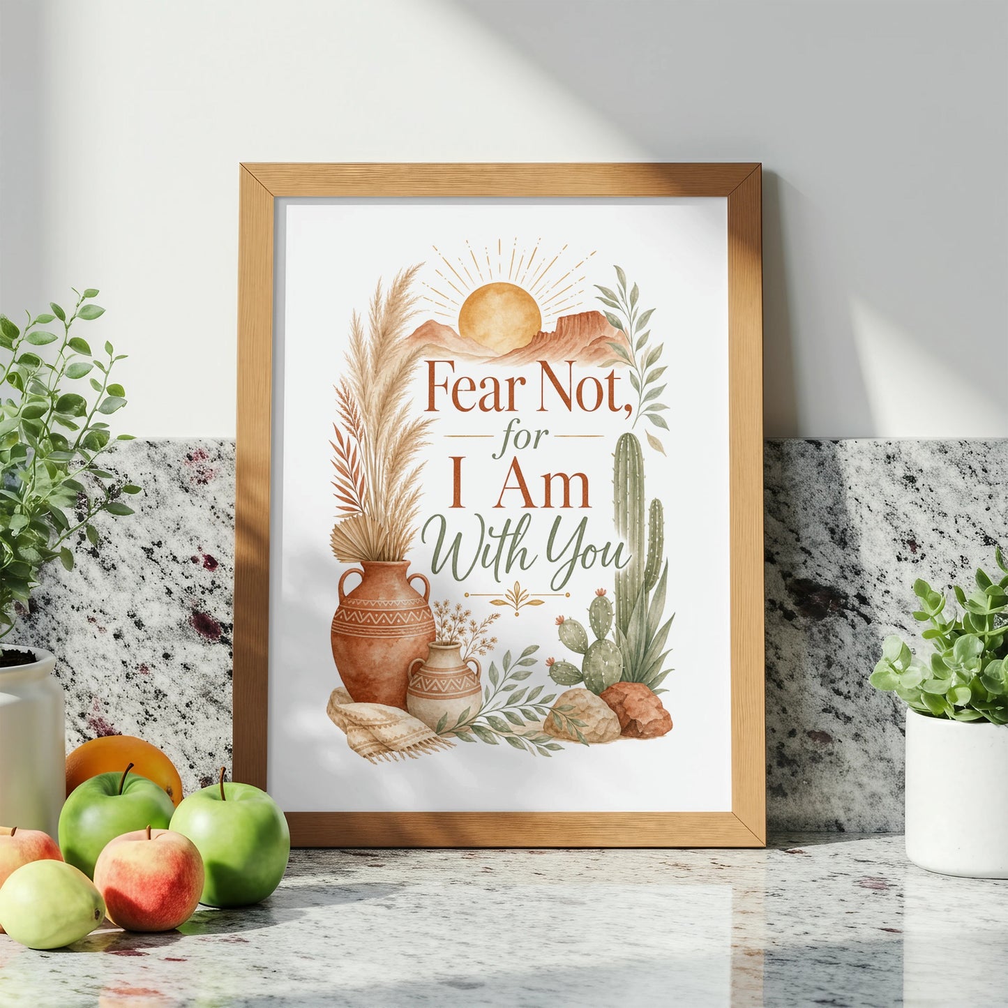 Framed art with text "Fear Not, for I Am With You" in a desert theme.