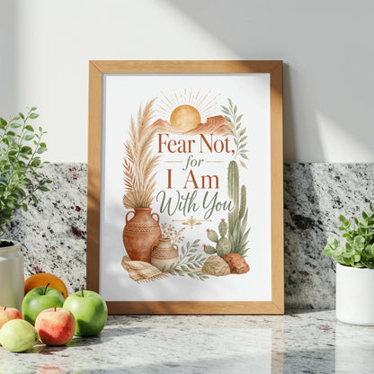 Framed art with text "Fear Not, for I Am With You" in a desert theme.