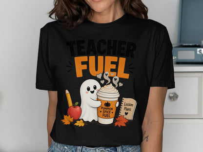 Black t-shirt with "TEACHER FUEL" and a ghost holding a pumpkin spice coffee.
