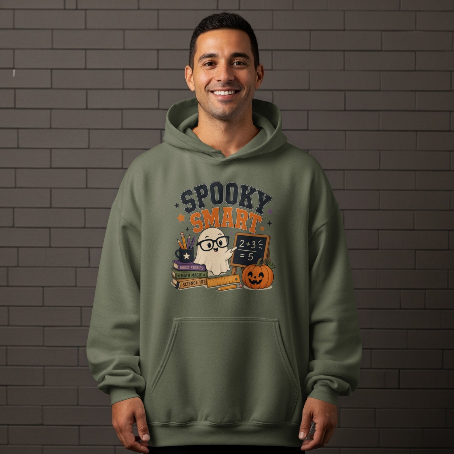 Green hoodie with "Spooky Smart" text and ghost, books, and pumpkin graphic.