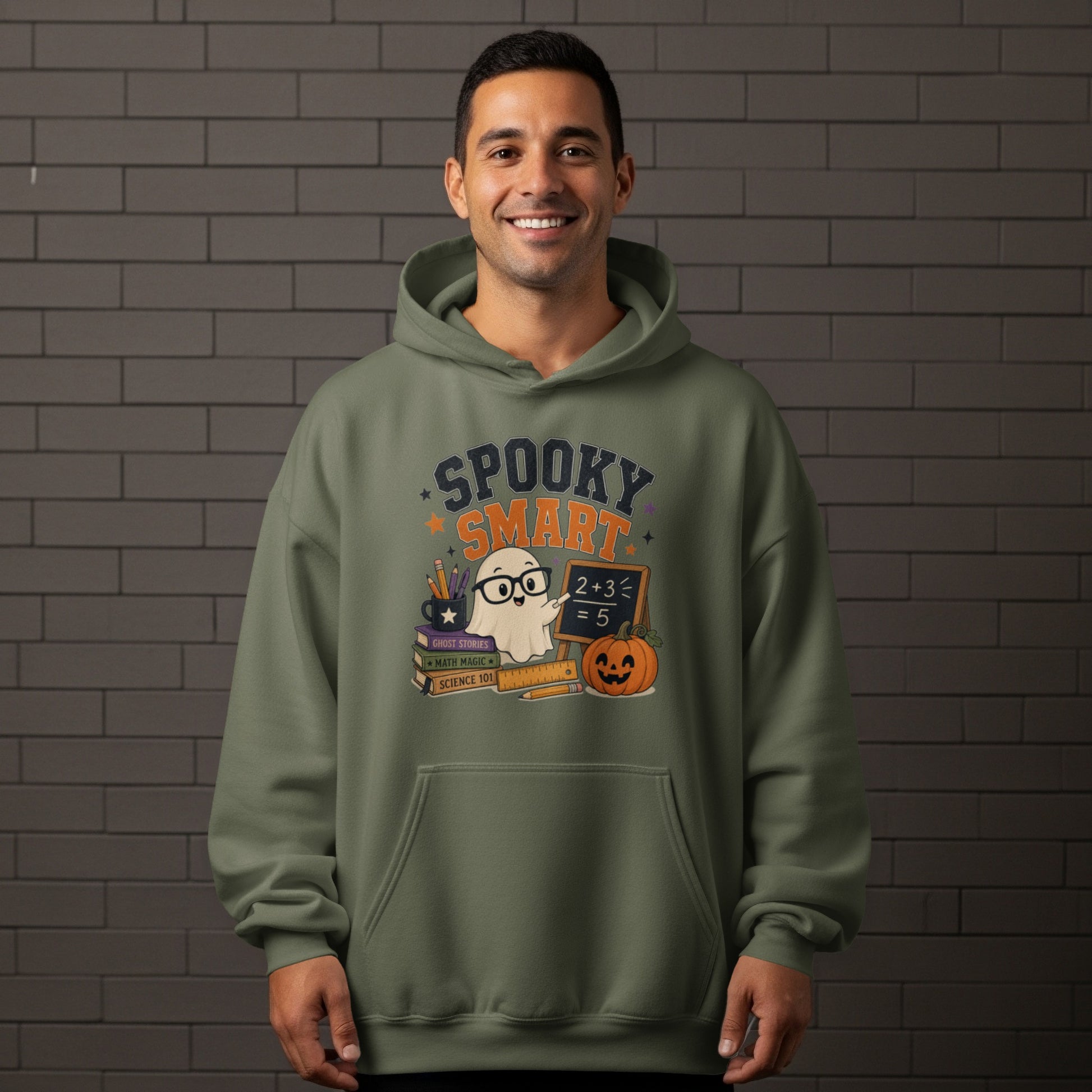 Green hoodie with "Spooky Smart" text and ghost, books, and pumpkin graphic.