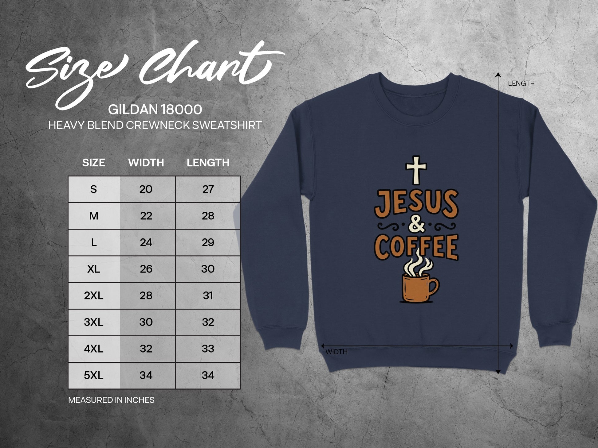 Gildan 18000 sweatshirt size chart with measurements and "Jesus & Coffee" graphic.