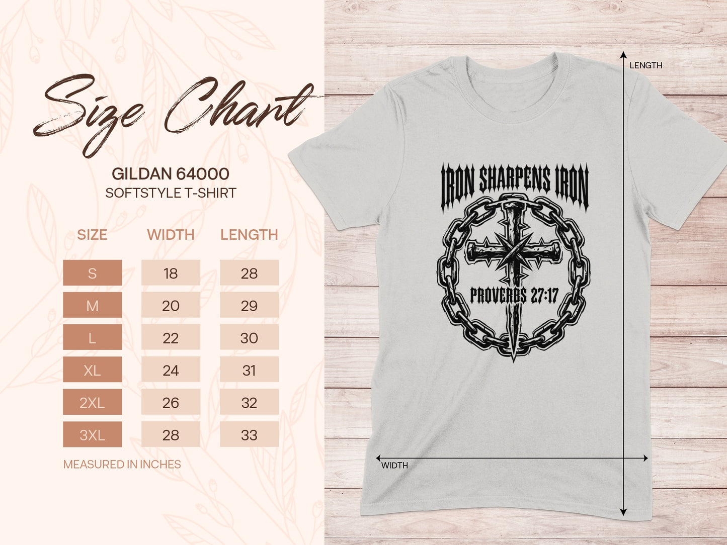 Gildan 64000 size chart with Iron Sharpens Iron graphic.