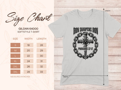 Gildan 64000 size chart with Iron Sharpens Iron graphic.