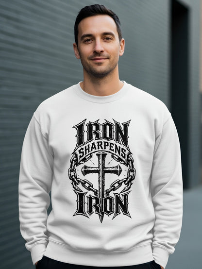 White sweatshirt with "Iron Sharpens Iron" and cross design.
