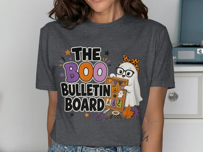 "The Boo Bulletin Board" text with a cute ghost holding a bulletin board.