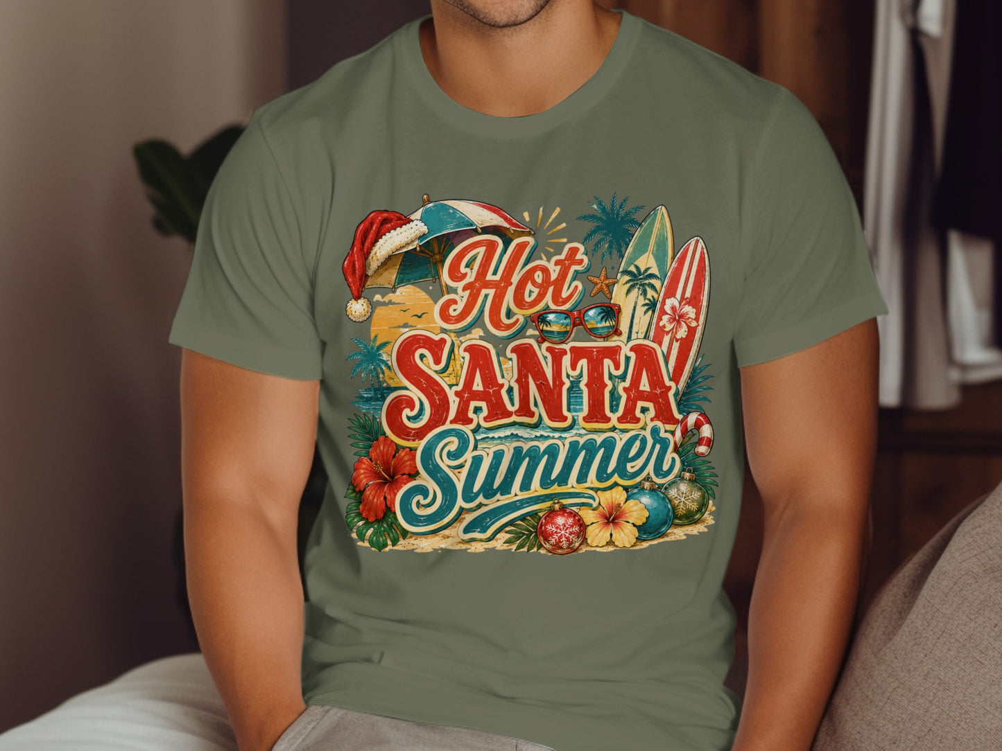 Retro "Hot Santa Summer" graphic with surfboards, ornaments, and tropical flowers.