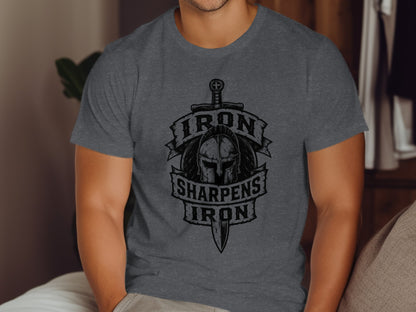 Dark gray t-shirt with "IRON SHARPENS IRON" text and helmet graphic.