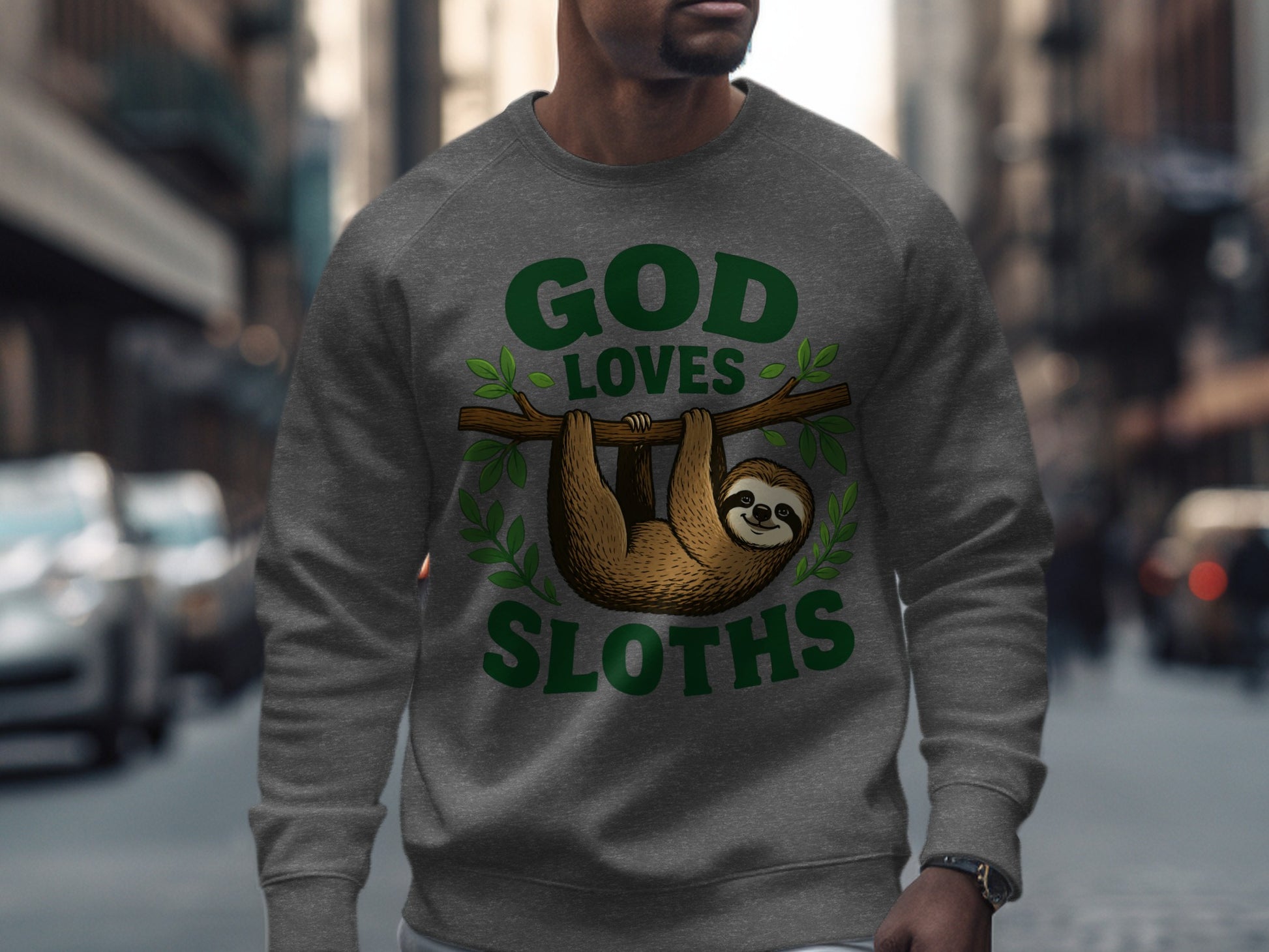 Gray sweatshirt with "God Loves Sloths" text and a sloth hanging on a branch.