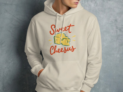 Cream hoodie with "Sweet Cheesus" and cheese graphic.
