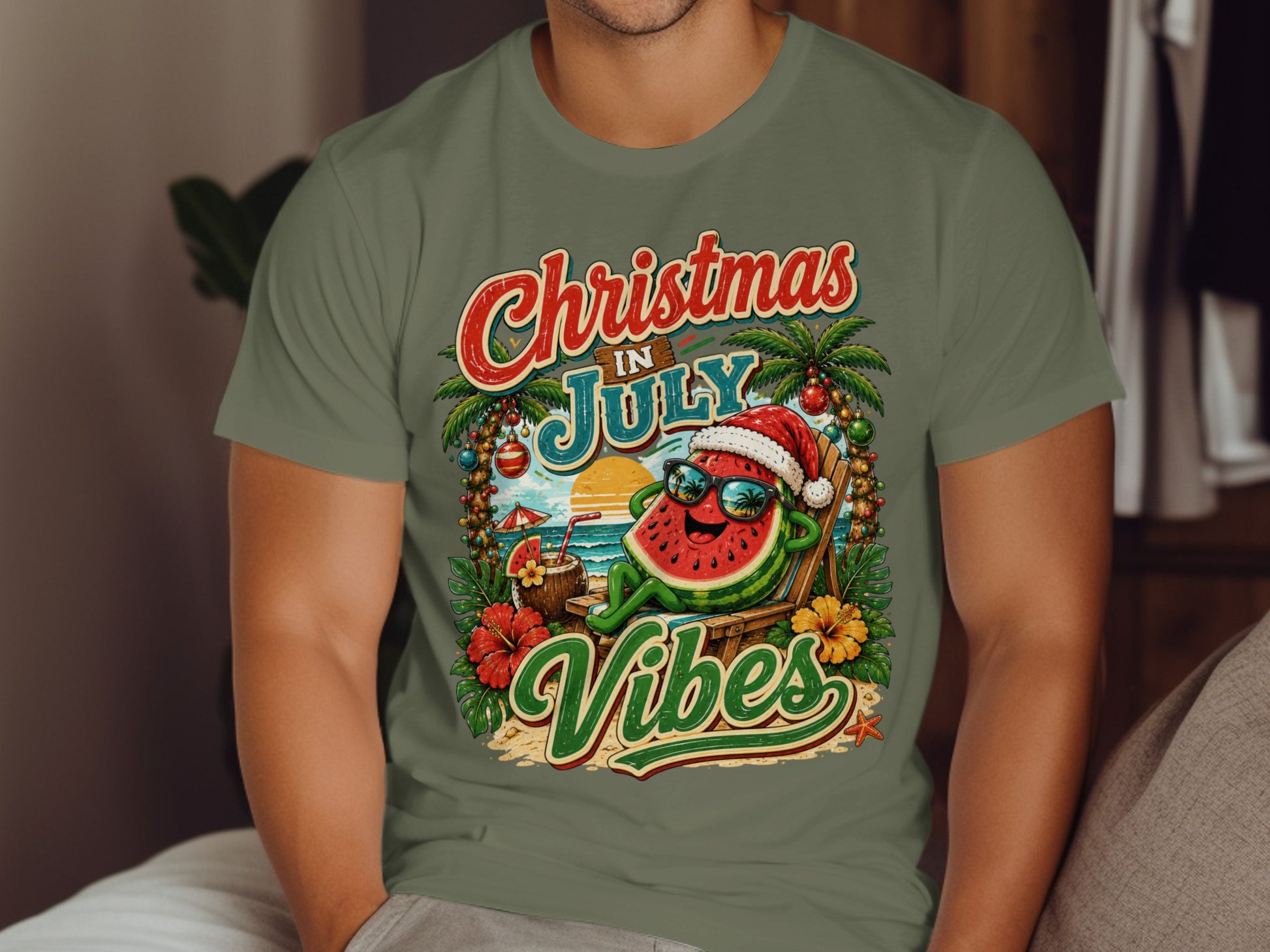 Green t-shirt with a distressed graphic of a watermelon in a Santa hat.