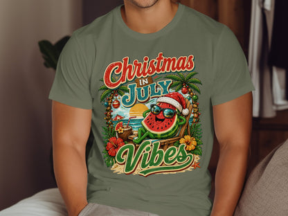Green t-shirt with a distressed graphic of a watermelon in a Santa hat.
