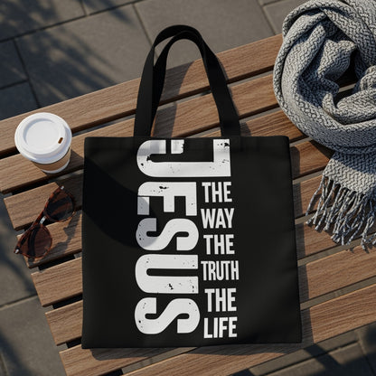 Black tote bag with "Jesus The Way The Truth The Life" text.