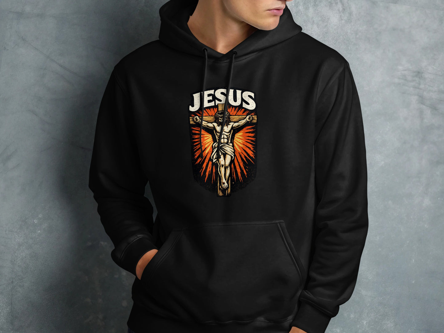 Black hoodie with Jesus Christ crucifixion graphic on the front.