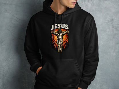 Black hoodie with Jesus Christ crucifixion graphic on the front.