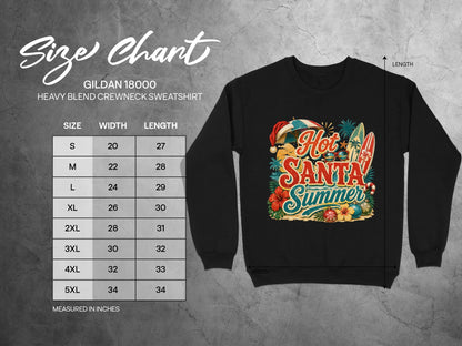 Gildan 18000 sweatshirt size chart with "Hot Santa Summer" graphic.
