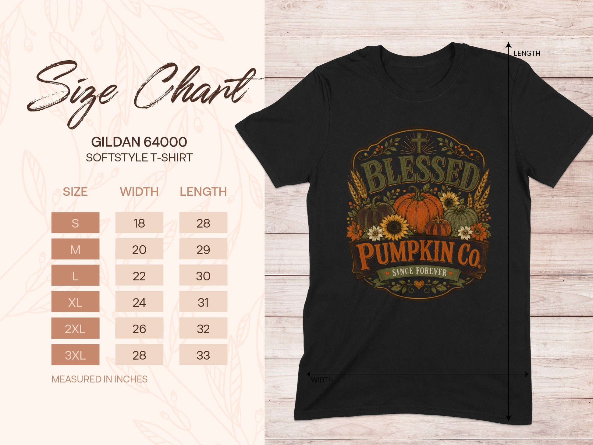 Gildan 64000 t-shirt size chart with dimensions and "Blessed Pumpkin Co." graphic.