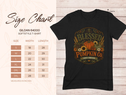 Gildan 64000 t-shirt size chart with dimensions and "Blessed Pumpkin Co." graphic.
