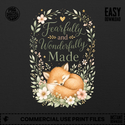 Sleeping fox surrounded by floral wreath and text "Fearfully and Wonderfully Made".