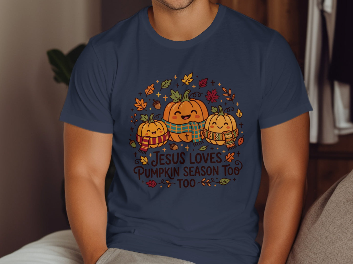 Three smiling pumpkins with scarves, "Jesus Loves Pumpkin Season Too" text.