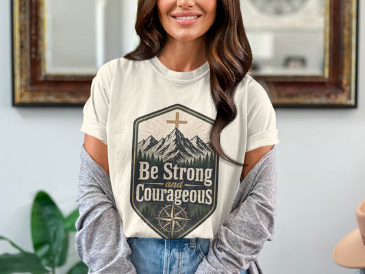 Cream t-shirt with mountains, cross, and "Be Strong and Courageous" text.