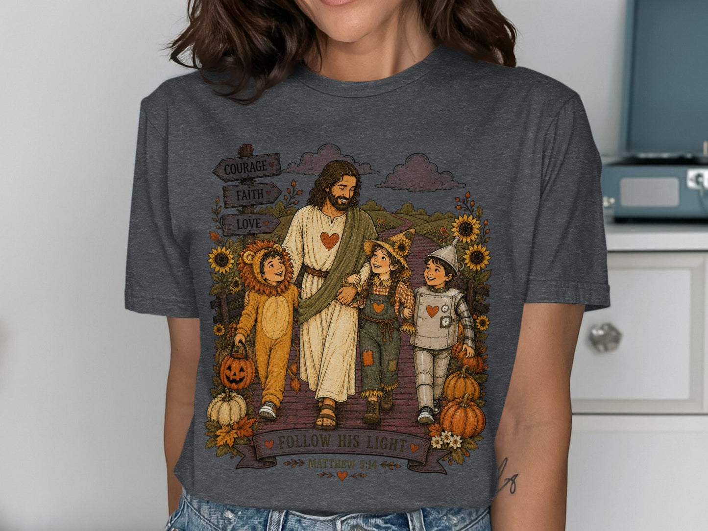 Jesus walks with children in costumes on a path, promoting courage, faith, and love.