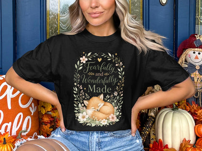 Black t-shirt with a sleeping fox and text "Fearfully and Wonderfully Made".