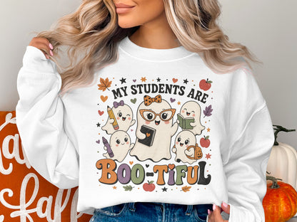 White sweatshirt with ghosts and text "MY STUDENTS ARE BOO-TIFUL".