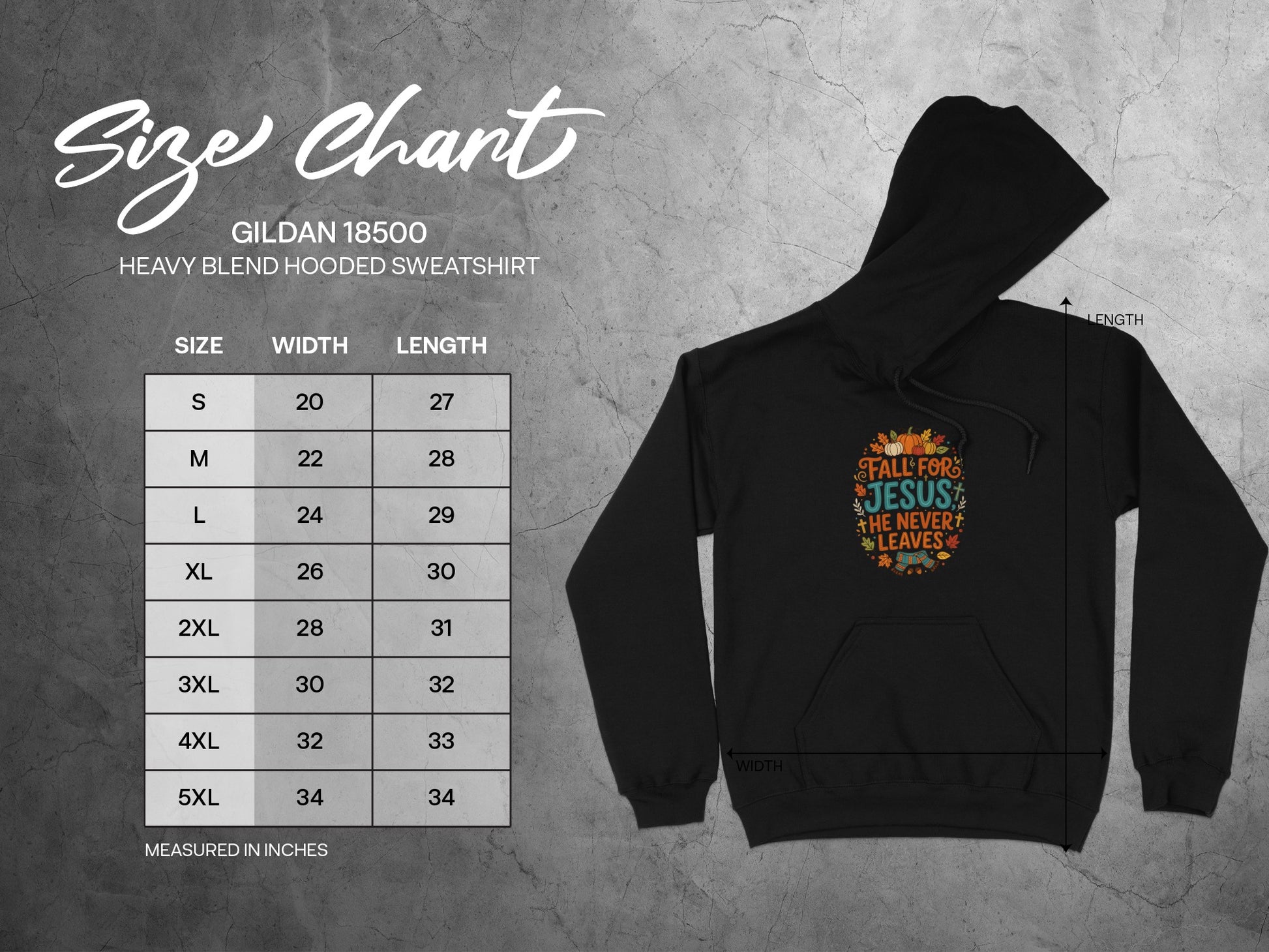 Gildan 18500 size chart for heavy blend hooded sweatshirt with measurements.