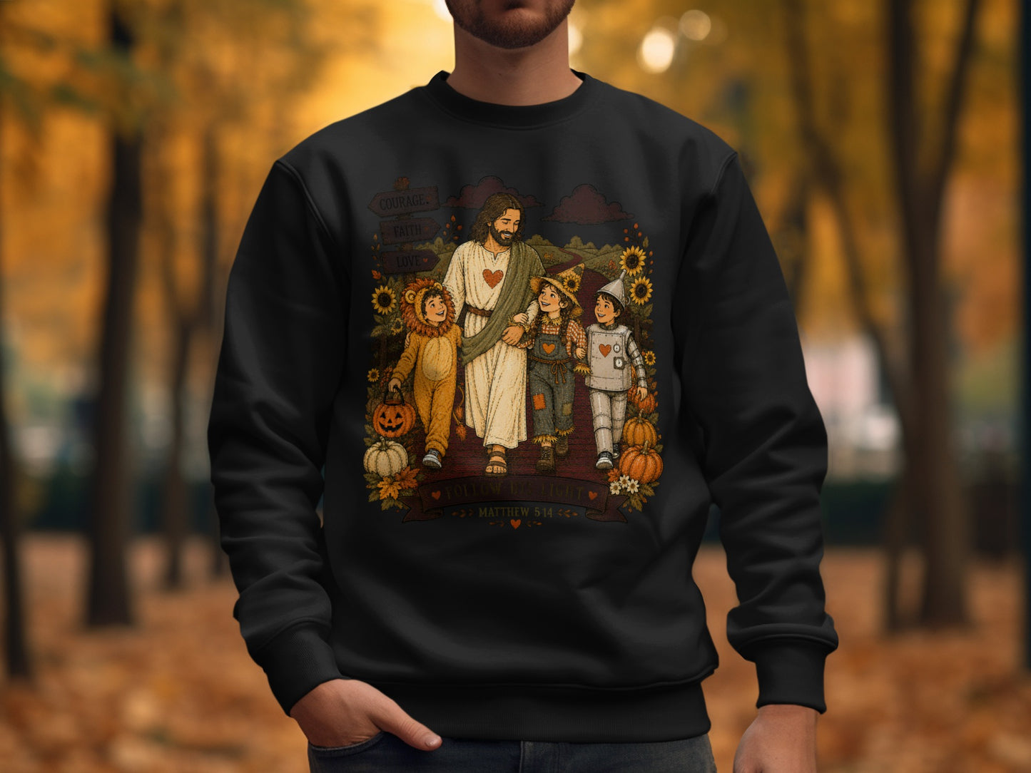 Jesus with children dressed as lion, scarecrow, and pilgrim holding pumpkins.