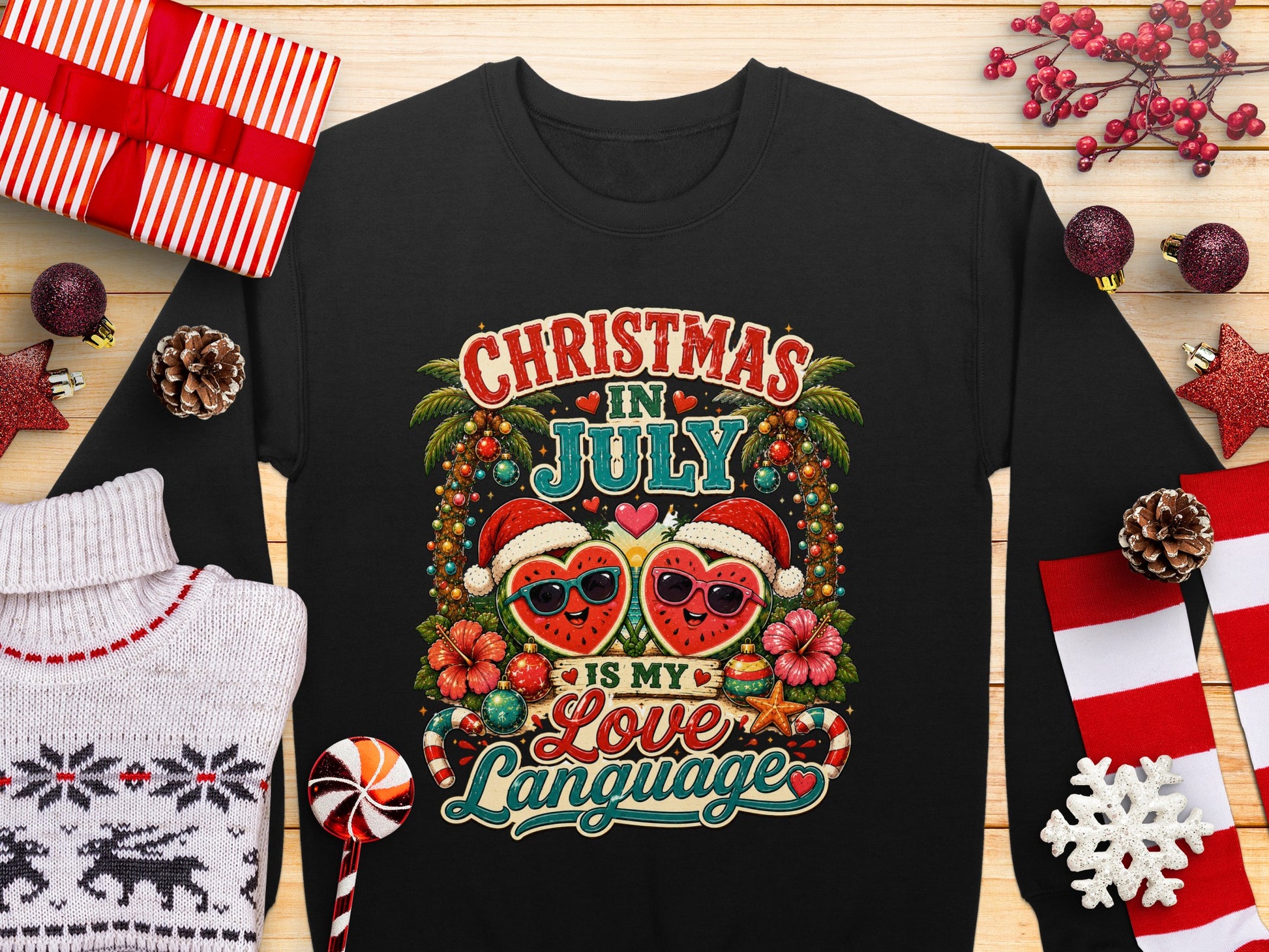 Christmas in July graphic with two heart-shaped sunglasses wearing watermelons.