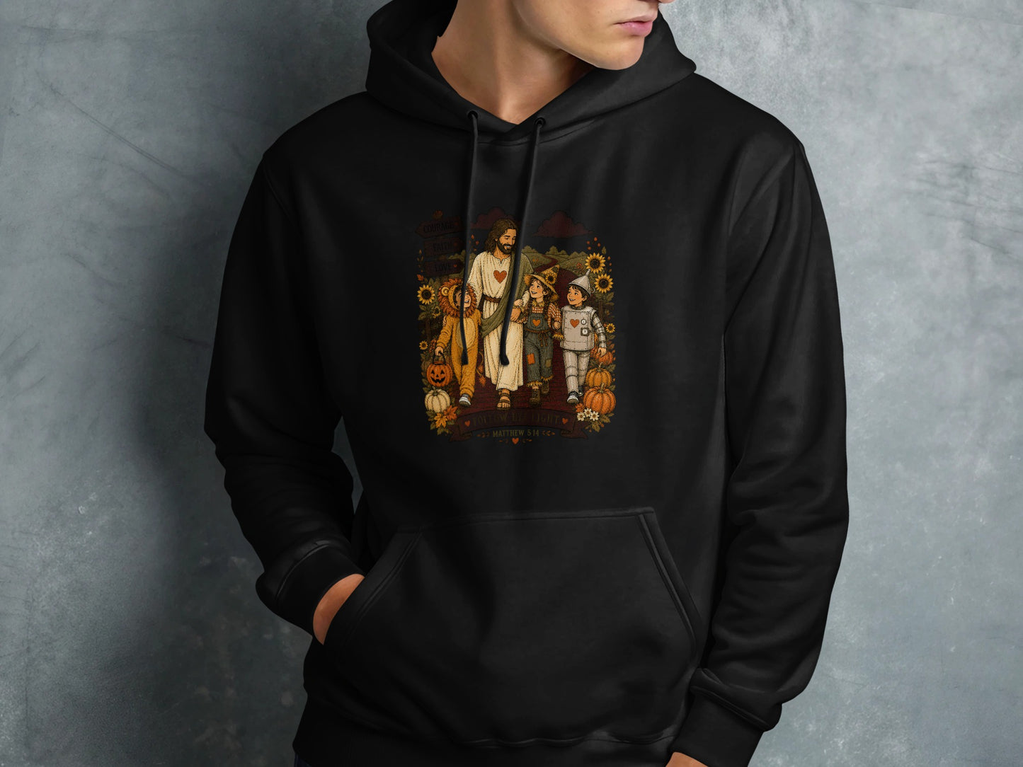 Jesus and three figures in costumes walk with sunflowers and pumpkins.