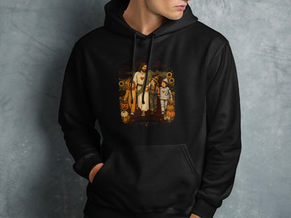 Jesus and three figures in costumes walk with sunflowers and pumpkins.