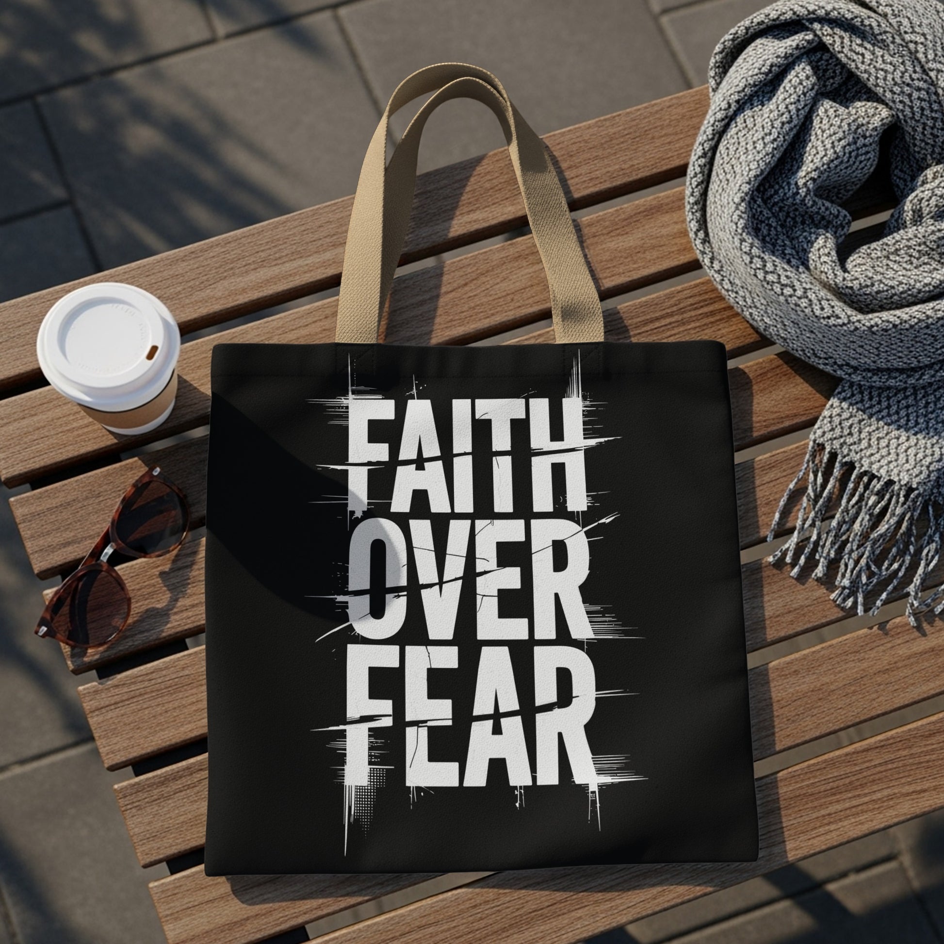 Black tote bag with "FAITH OVER FEAR" printed in white, distressed block letters.