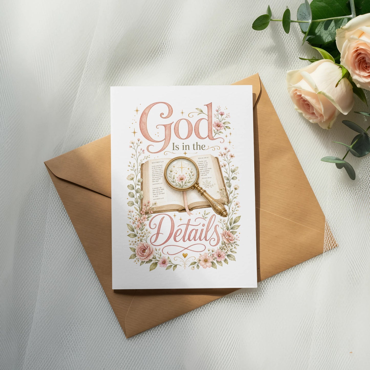 Card with "God Is in the Details" in script, overlooking an open bible.