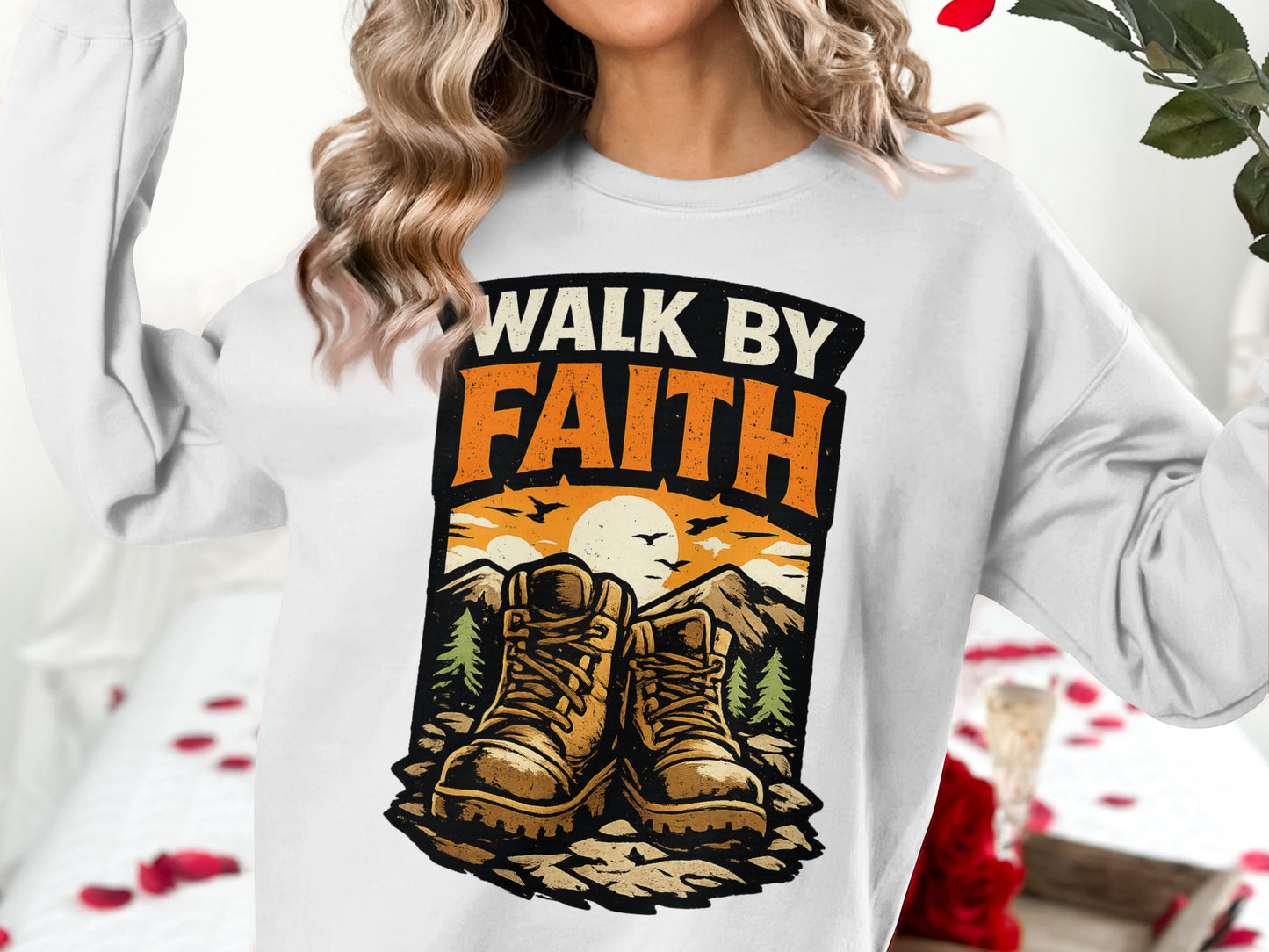 White sweatshirt with "Walk by Faith" text and hiking boots graphic.
