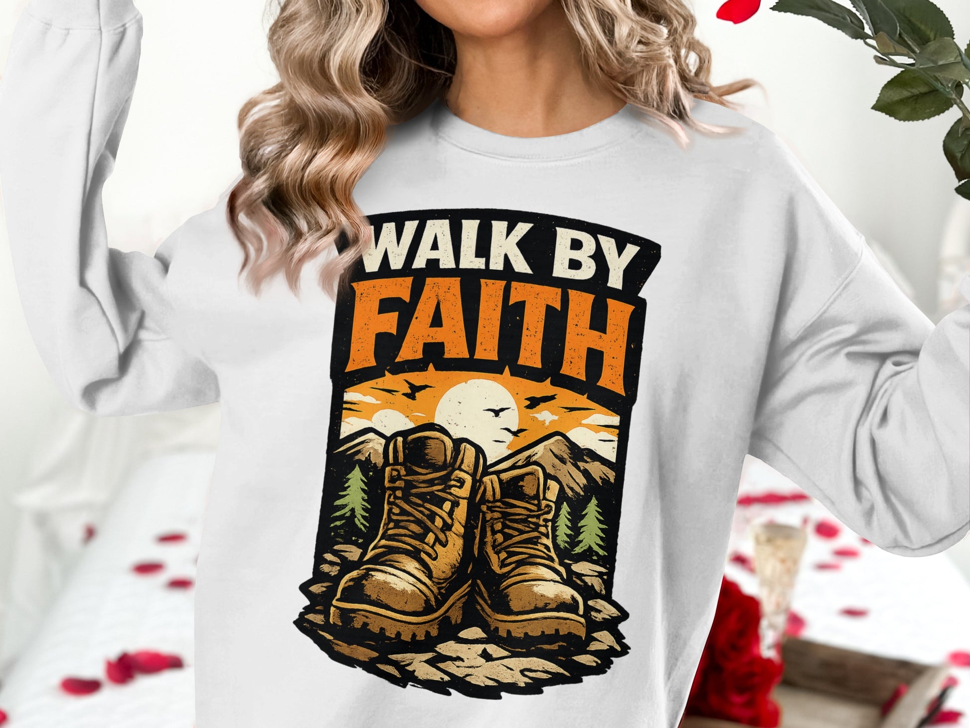 White sweatshirt with "Walk by Faith" text and hiking boots graphic.