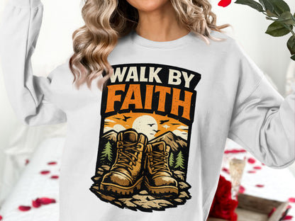 White sweatshirt with "Walk by Faith" text and hiking boots graphic.