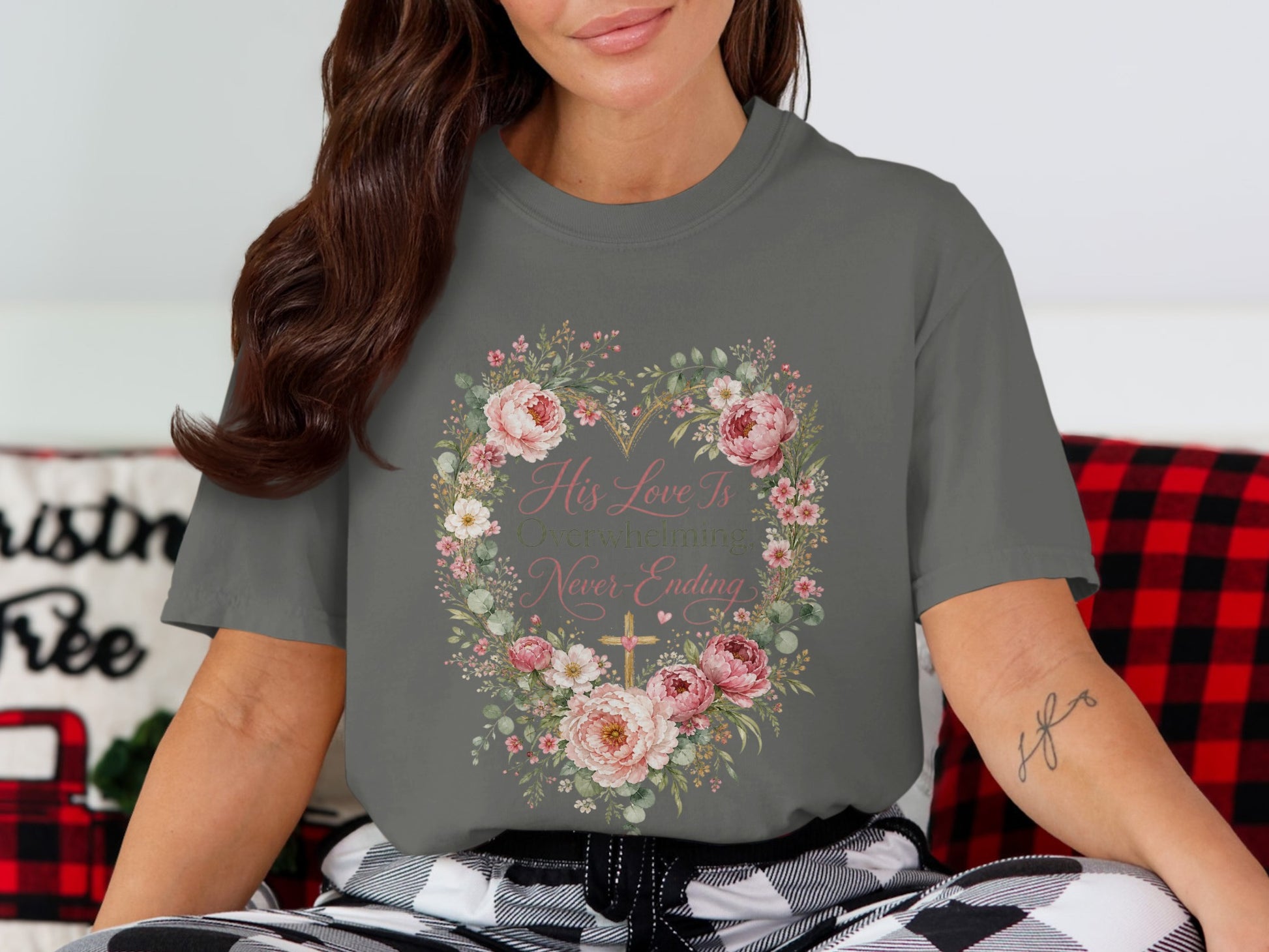 Gray t-shirt with floral heart design and text: "His Love Is Overwhelming, Never-Ending."