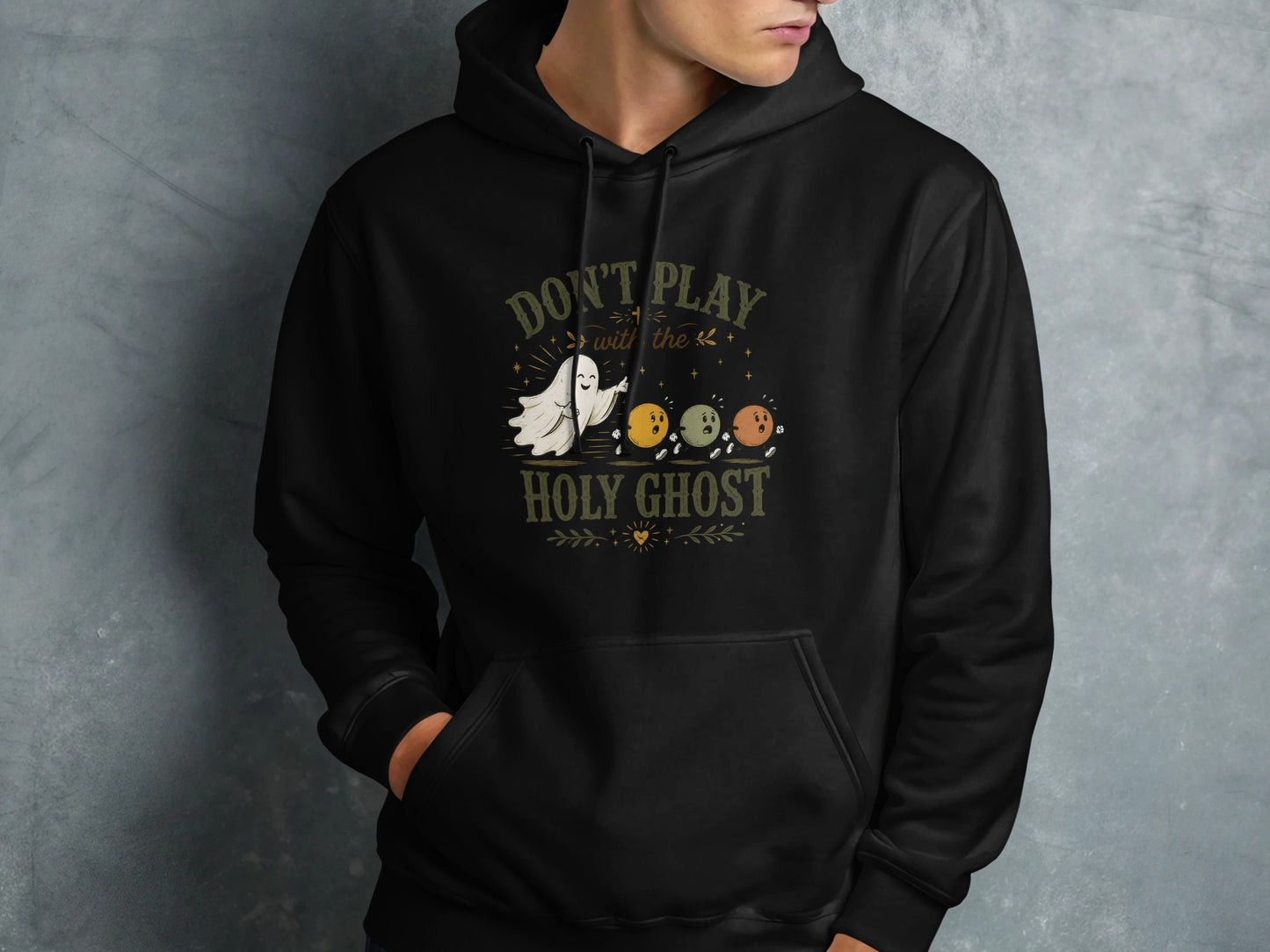 Black hoodie with "Don't Play with the Holy Ghost" and ghost characters.