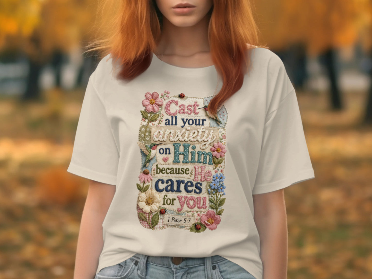 T-shirt with "Cast all your anxiety on Him because He cares for you, 1 Peter 5:7" text.
